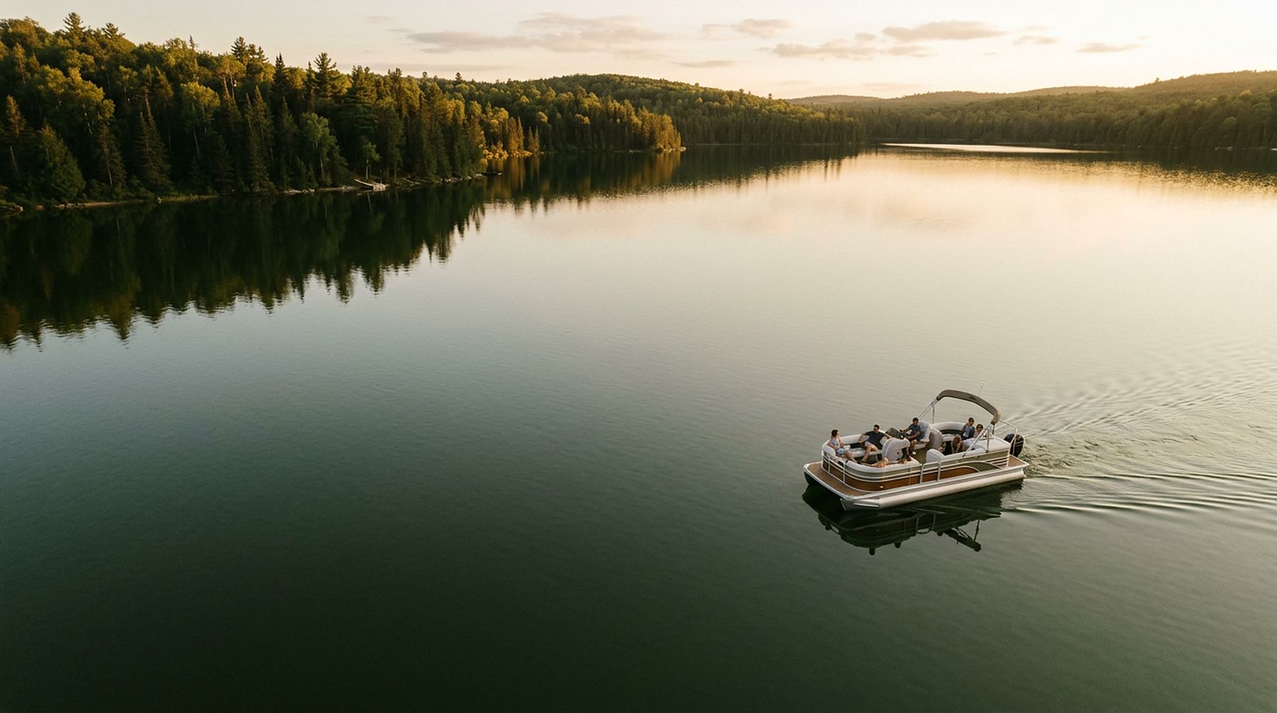 A pontoon boat crossing a glassy lake at golden hour, seen from above